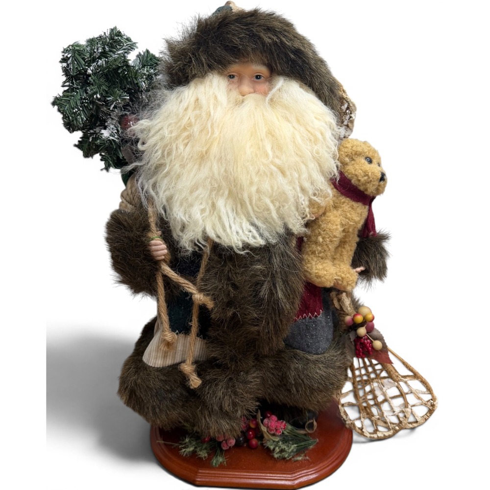 Vintage Rustic Woodland Santa Claus Figurine Snowshoes Teddy Bear Fur Coat